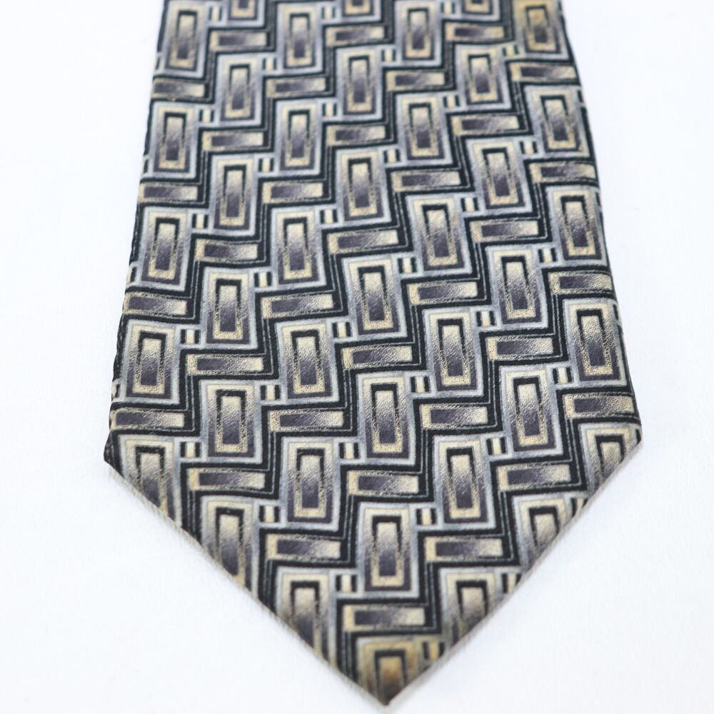 Vintage Pierre Cardin Tie Mens 60 in Silk Black White Gray Geo Stairs Wide